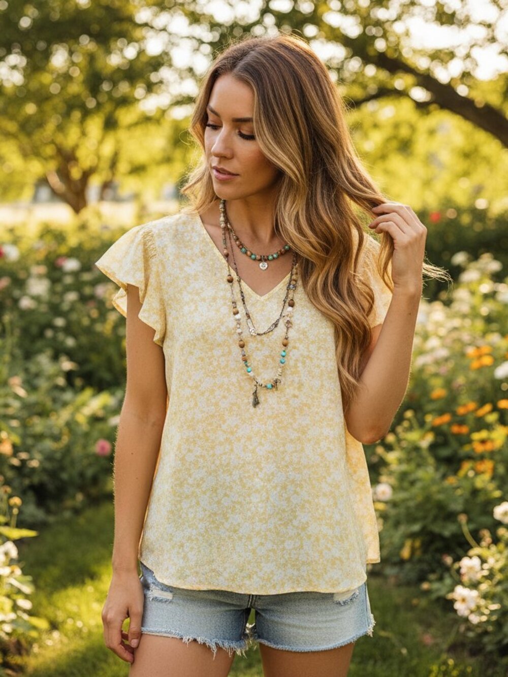 Paper Moon M Top Yellow White Floral Flutter Cottage Coquette Whimsy Fairy Chic